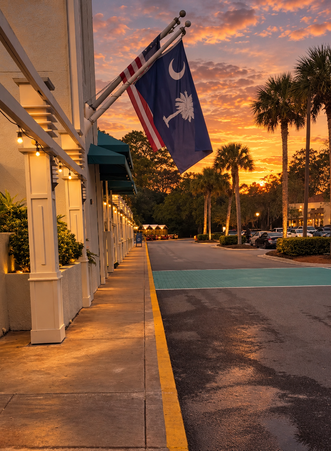 Sea Pines in the evening Couple enjoying wine, dinner, and golden-hour strolling at The Shops at Sea Pines Center